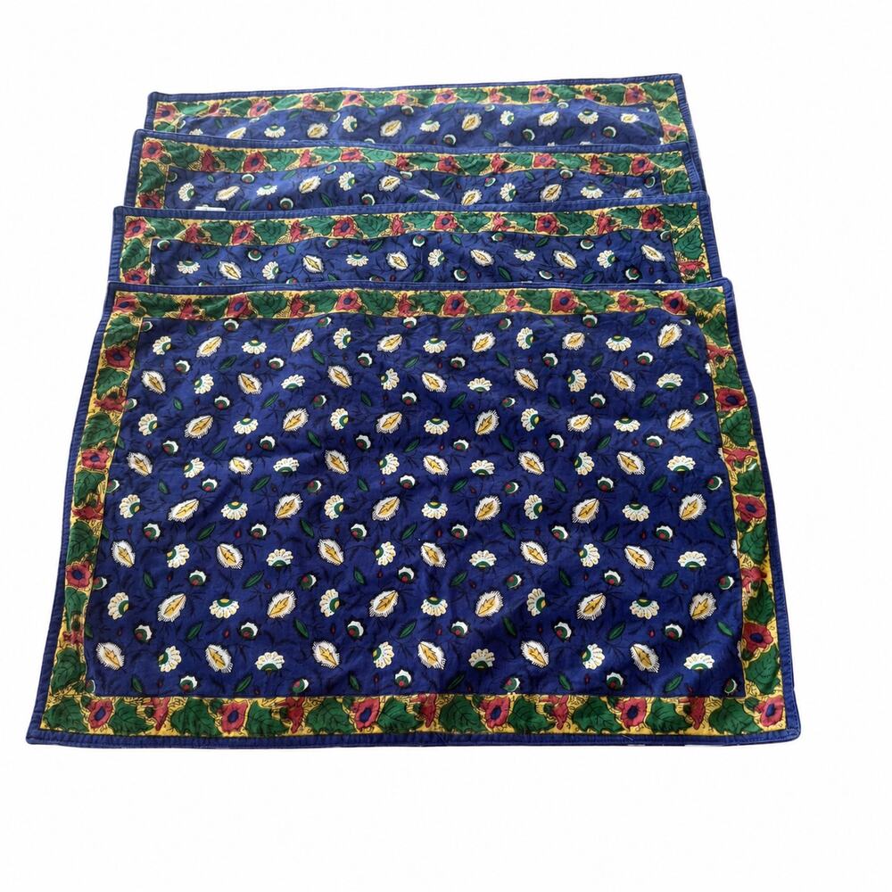 Blue Floral Orange Poppies Cotton Placemats Set 4 Reversible India 14x20 Cottage